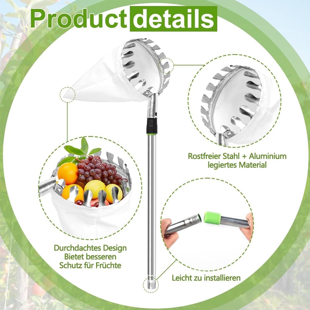 Telescopic Fruit Picker, 3.2 m Apple Picker, Detachable Fruit Picker, Garden Picking Tool for Tree Pear Peach Fruit Picker