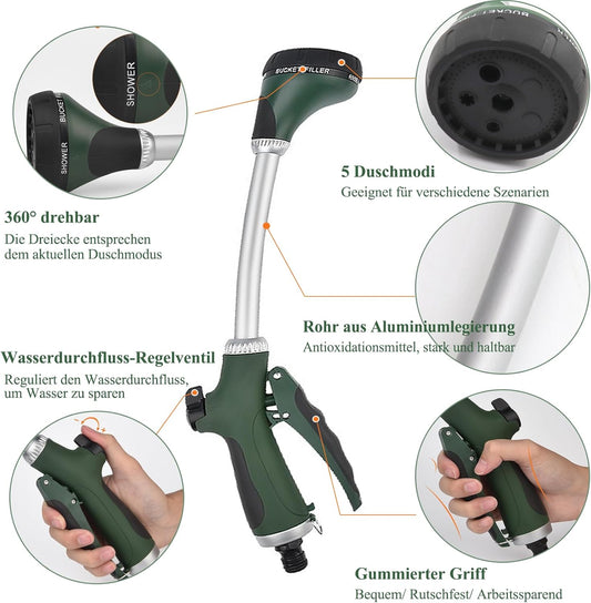 Gartenbrause, lang mit Griff, 5 Strahlarten, mit Mengenregulierung zum Bewässern und Reinigen, 40 cm