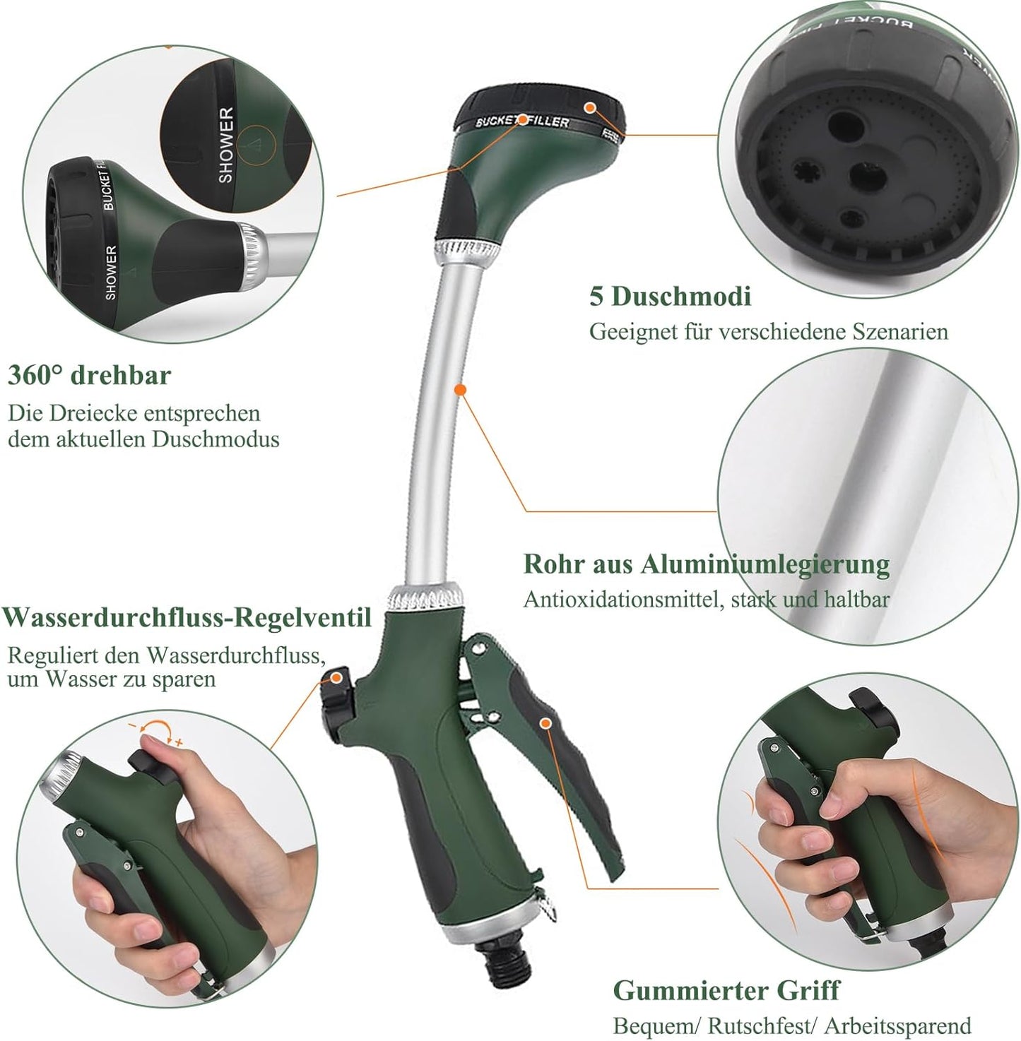 Garden shower, long with handle, 5 spray modes, with flow control for watering and cleaning, 40 cm