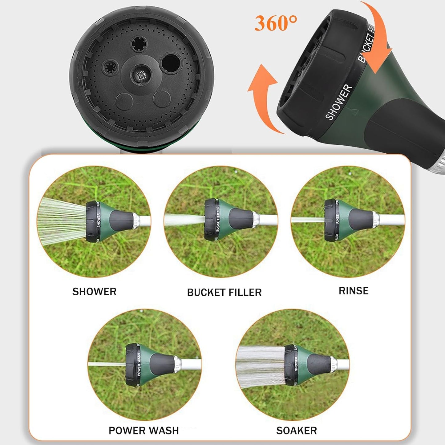 Garden shower, long with handle, 5 spray modes, with flow control for watering and cleaning, 40 cm