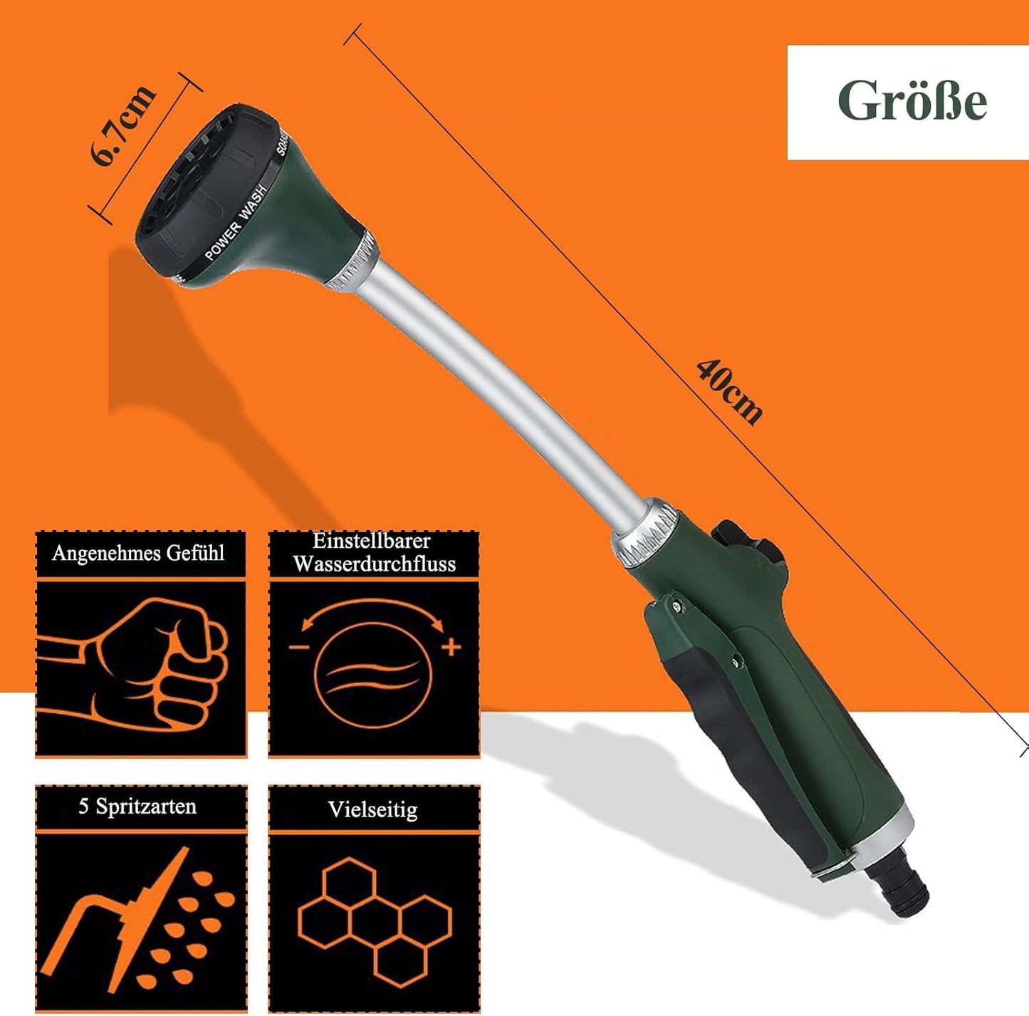 Garden shower, long with handle, 5 spray modes, with flow control for watering and cleaning, 40 cm