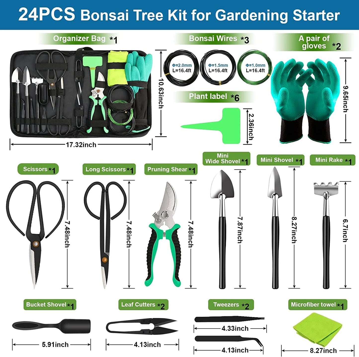 Bonsai-Werkzeugset – 24-teiliges Bonsai-Baum-Set, Werkzeuge für Anfänger, Bonsai-Werkzeugset, Bonsai-Starter-Trimm-Pflegeset, Geschenke für Frauen und Männer, Gartenwerkzeuge
